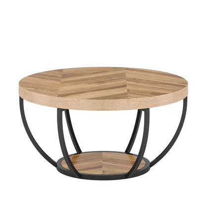 Hommeco 2-Tier Round Natural Wood Coffee Table - Small Modern Design with Storage