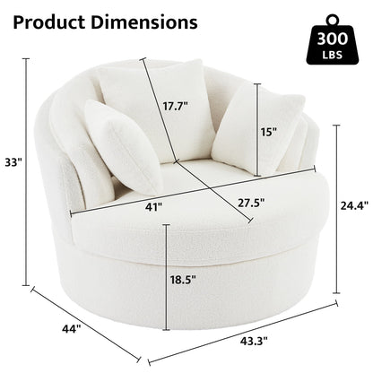 Oversized White Swivel Accent Chair - Modern Lambswool Barrel Chair for Bedroom & Living Room