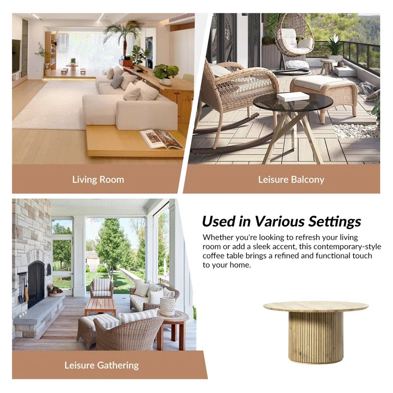 Marrina 31.5"W Modern Coffee Table with Vertical Fluted Wooden Base