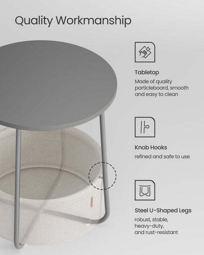 Round Side Table with Fabric Storage Basket - Modern Nightstand & End Table (Dove Gray/White)