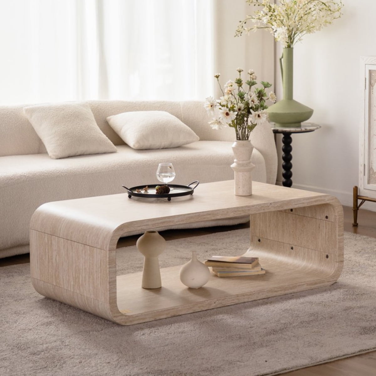 Elegant Curved Light Wood Coffee Table with Open Storage for Contemporary Living Rooms