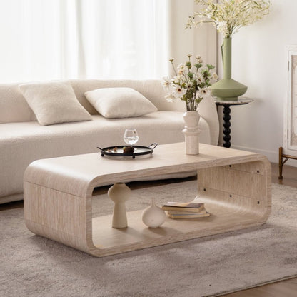 Elegant Curved Light Wood Coffee Table with Open Storage for Contemporary Living Rooms