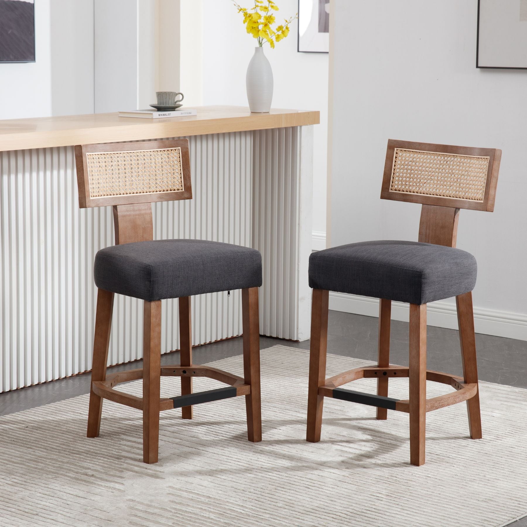 Set of 2 Charcoal Rattan Bar Stools – 26" Modern Farmhouse