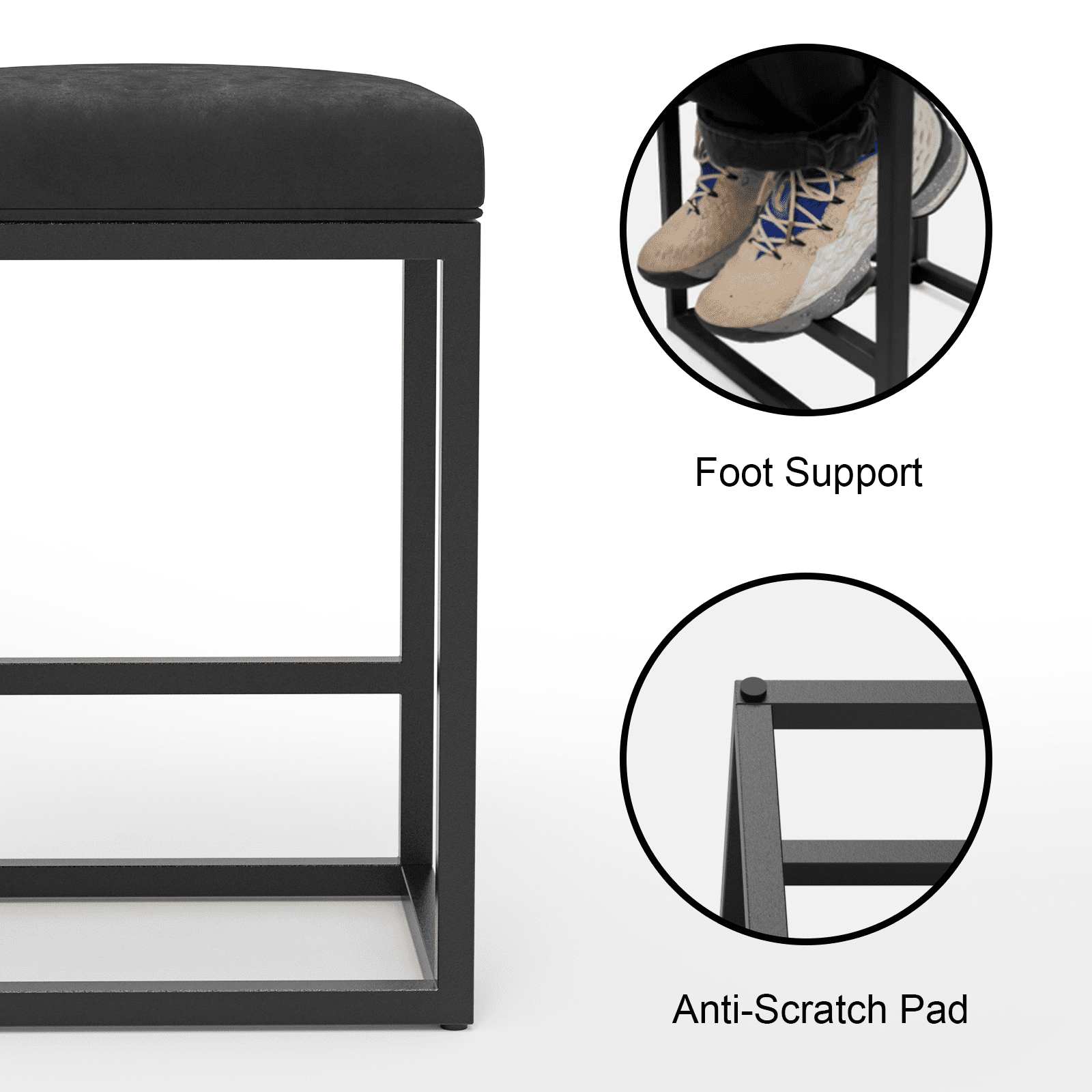 Hommeco Black 24" Backless Bar Stools - PU Leather & Metal Square Design with Footrest (Set of 2)