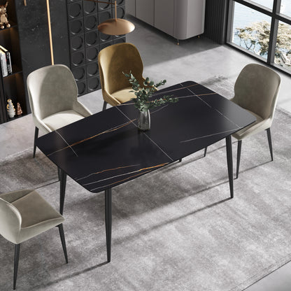 63" Modern Sintered Stone Dining Table,Solid Black Carbon Steel Base
