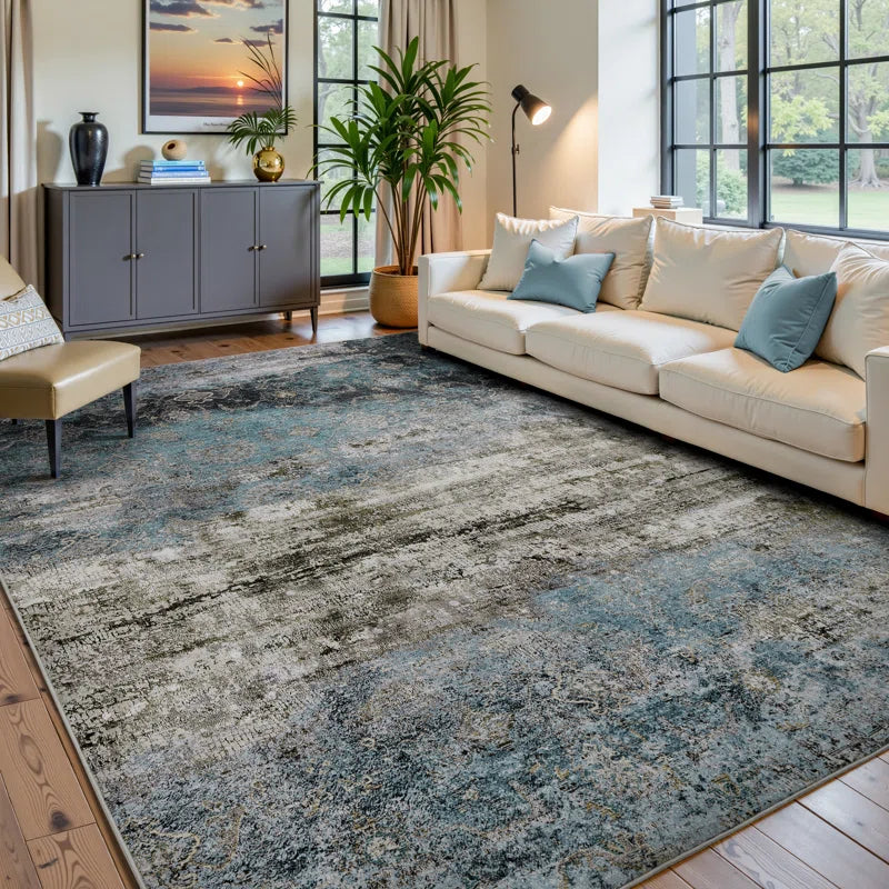 Vintage Distressed Teal Non-Slip Washable Area Rug