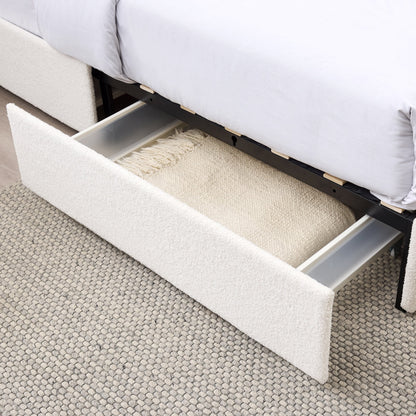Ivory Bouclé Queen Storage Bed – Curved Tufted Headboard with 2 Drawers