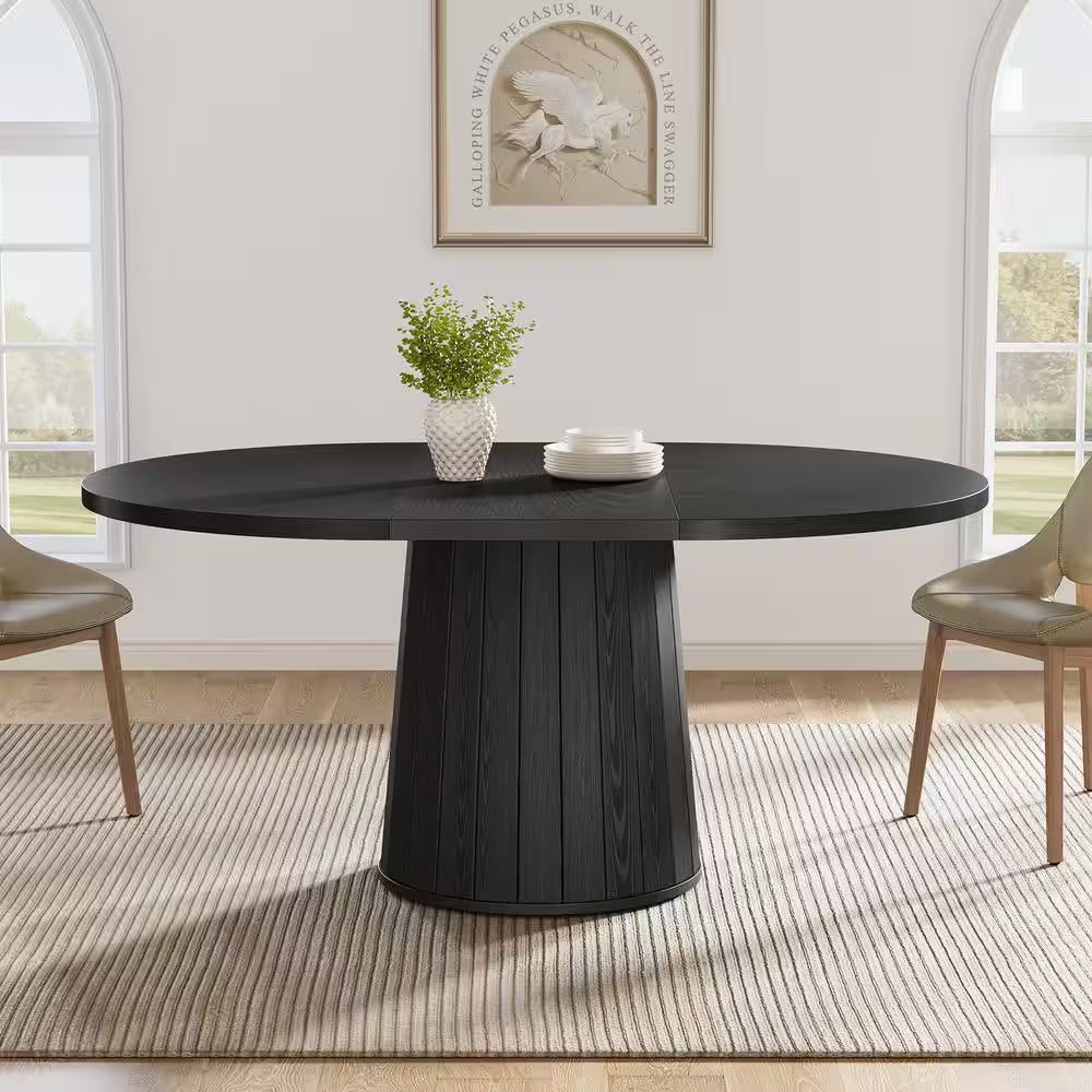 Modern Black Engineered Wood Pedestal Dining Table Seat 6