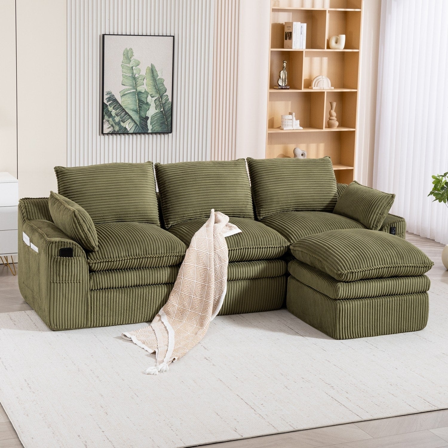 103" L-Shaped Corduroy Boneless Sectional Sofa with Movable Ottoman