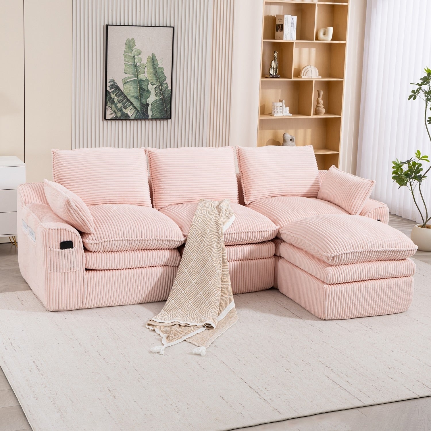 103" L-Shaped Corduroy Boneless Sectional Sofa with Movable Ottoman