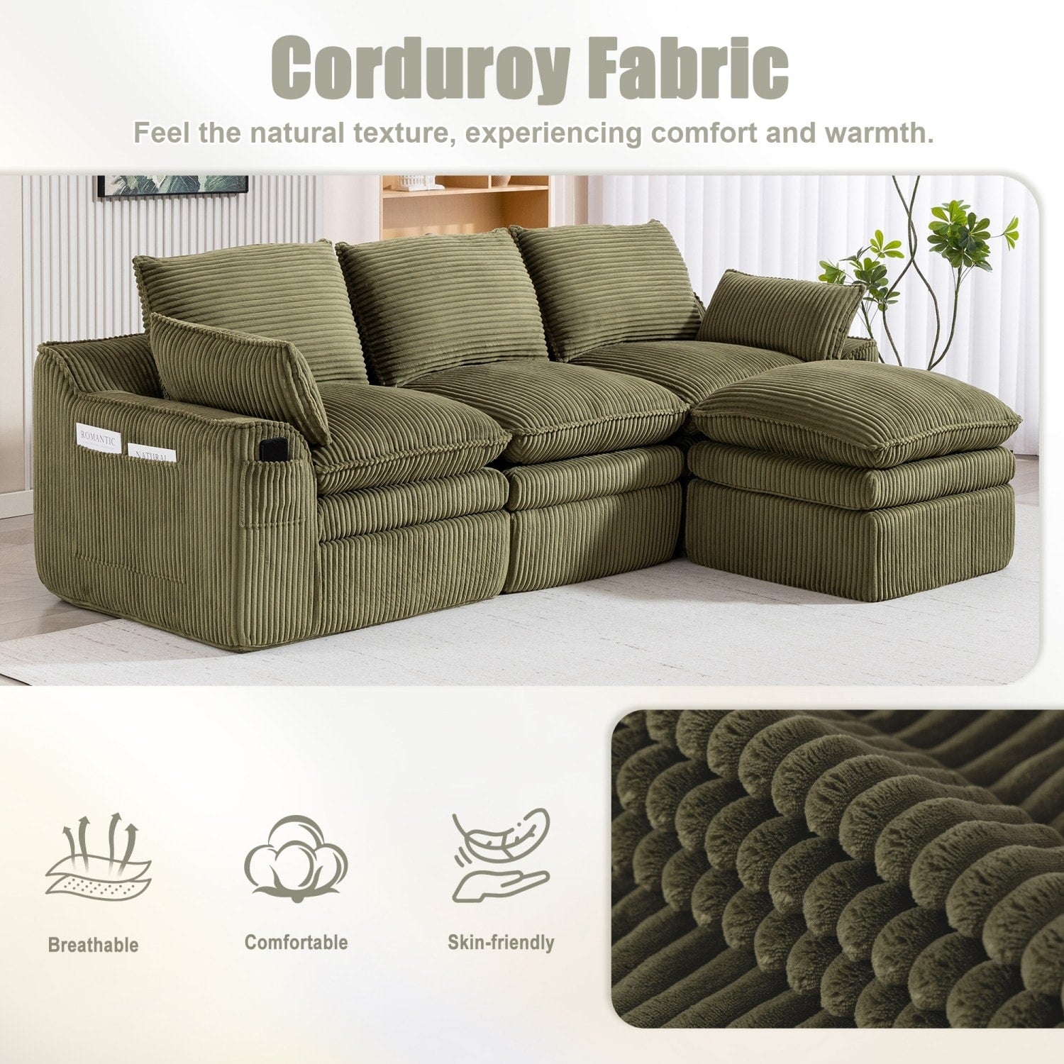 103" L-Shaped Corduroy Boneless Sectional Sofa with Movable Ottoman