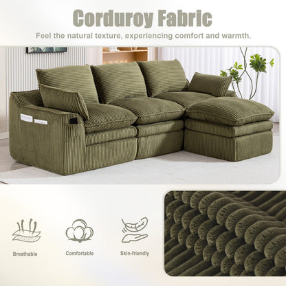 103" L-Shaped Corduroy Boneless Sectional Sofa with Movable Ottoman