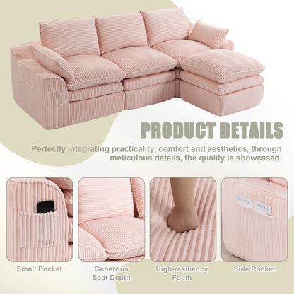 103" L-Shaped Corduroy Boneless Sectional Sofa with Movable Ottoman