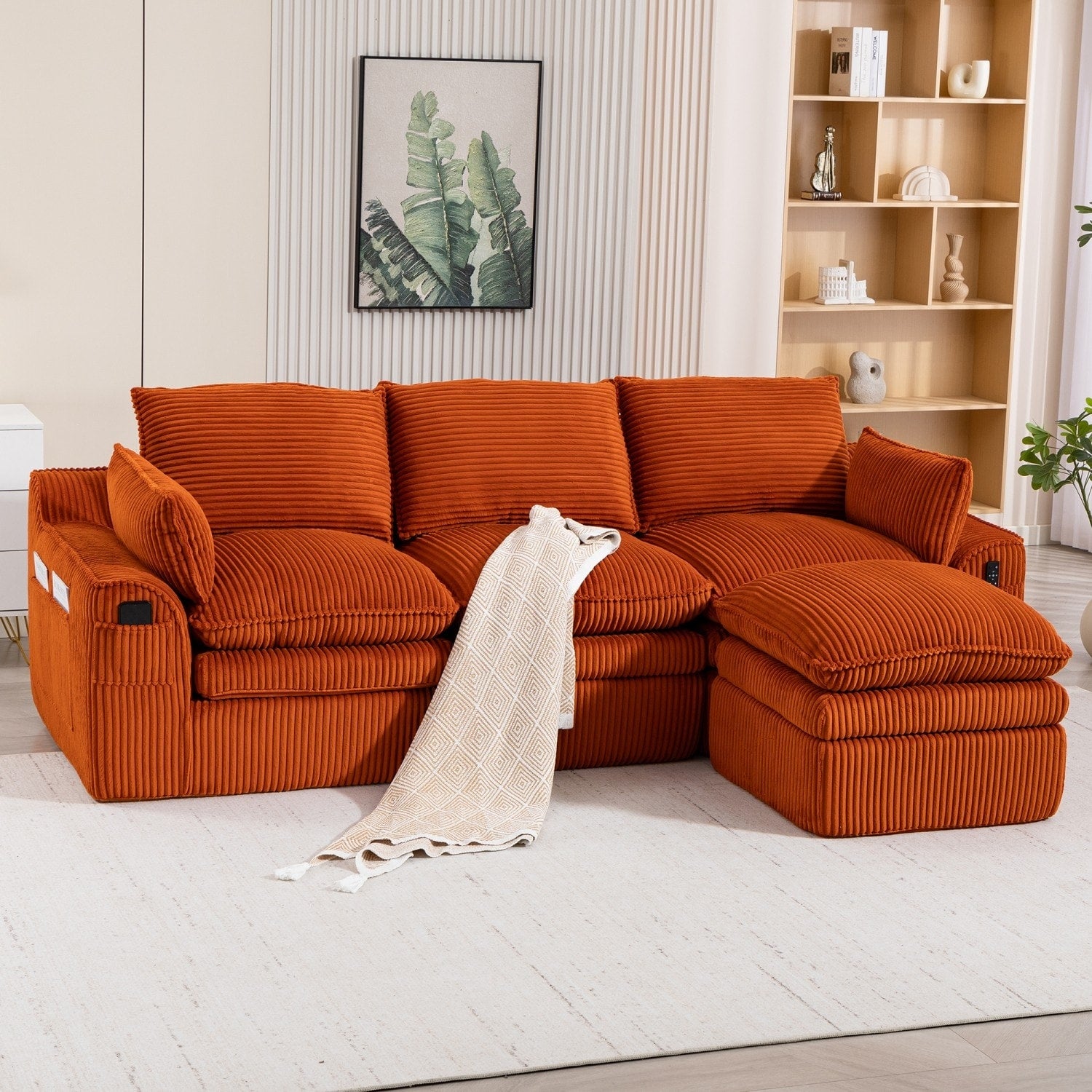 103" L-Shaped Corduroy Boneless Sectional Sofa with Movable Ottoman