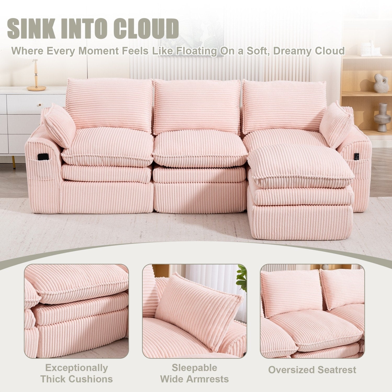 103" L-Shaped Corduroy Boneless Sectional Sofa with Movable Ottoman