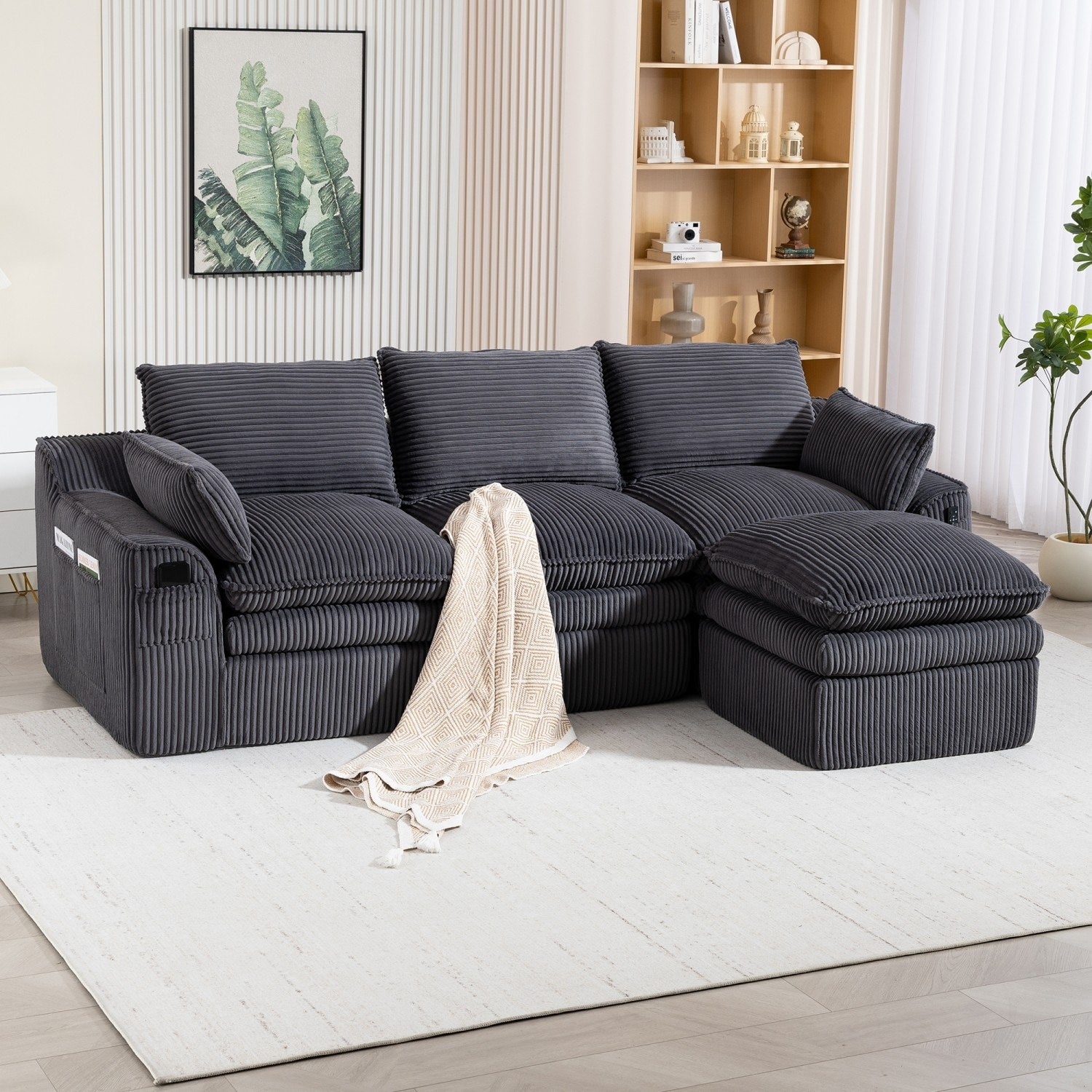 103" L-Shaped Corduroy Boneless Sectional Sofa with Movable Ottoman