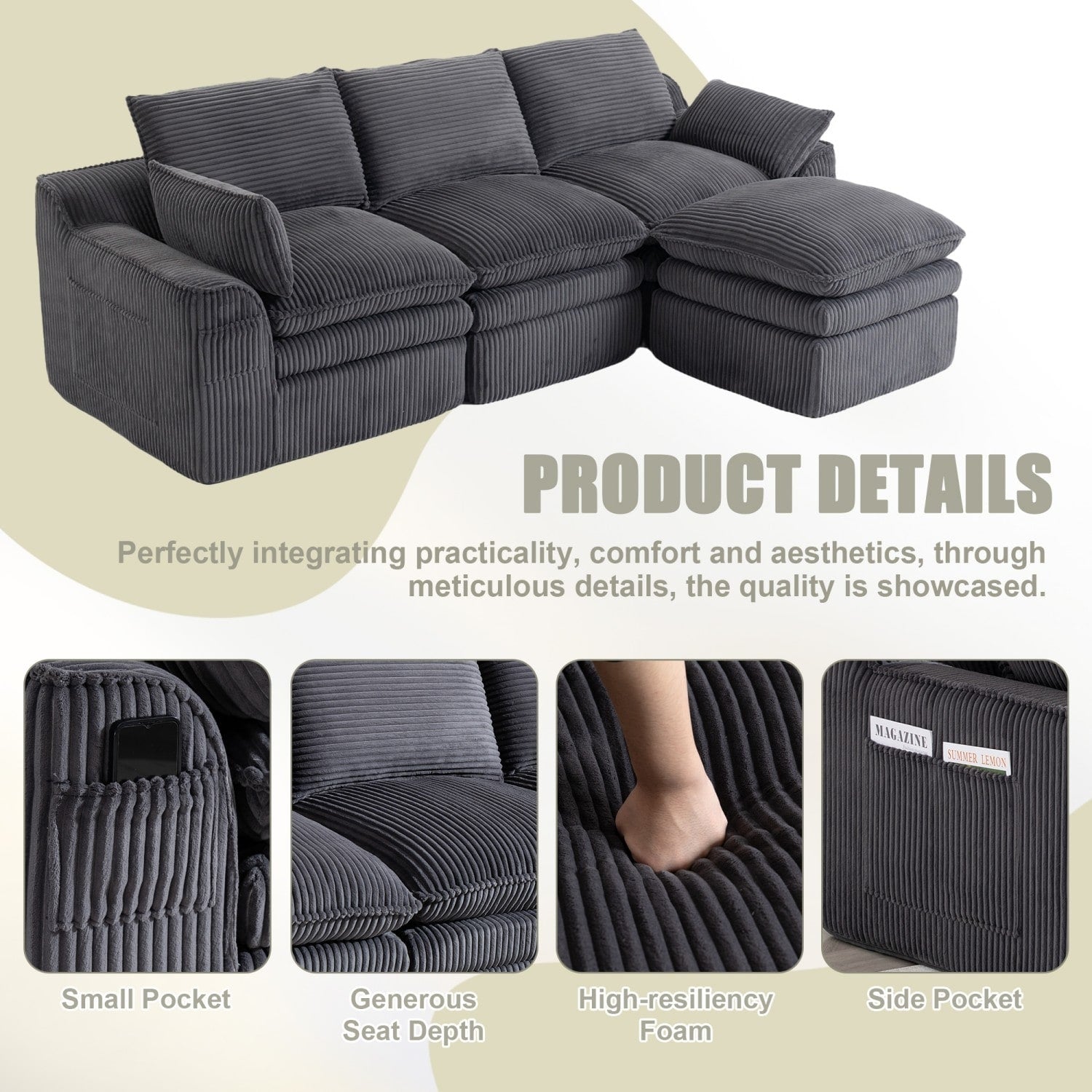 103" L-Shaped Corduroy Boneless Sectional Sofa with Movable Ottoman