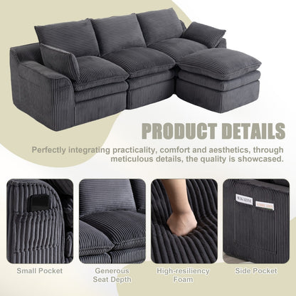 103" L-Shaped Corduroy Boneless Sectional Sofa with Movable Ottoman