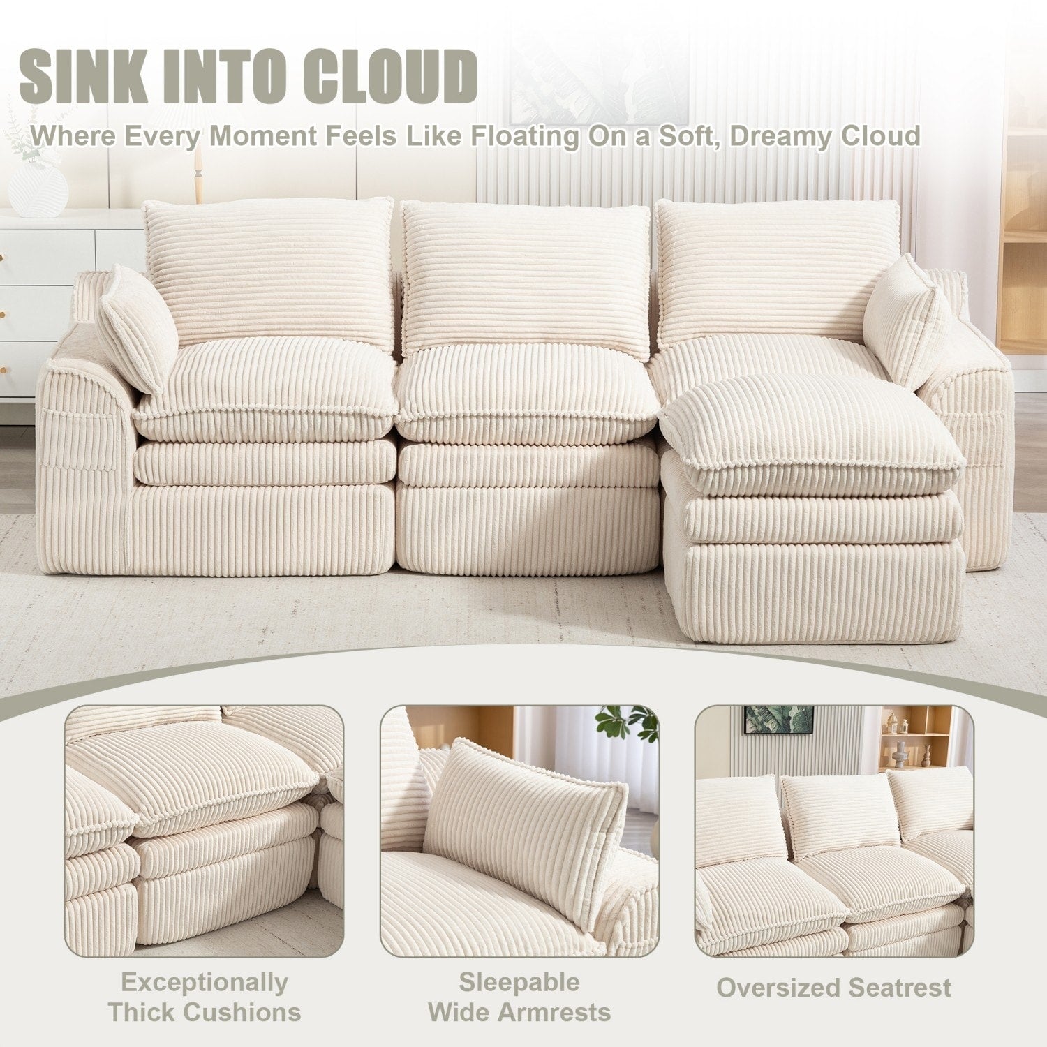 103" L-Shaped Corduroy Boneless Sectional Sofa with Movable Ottoman