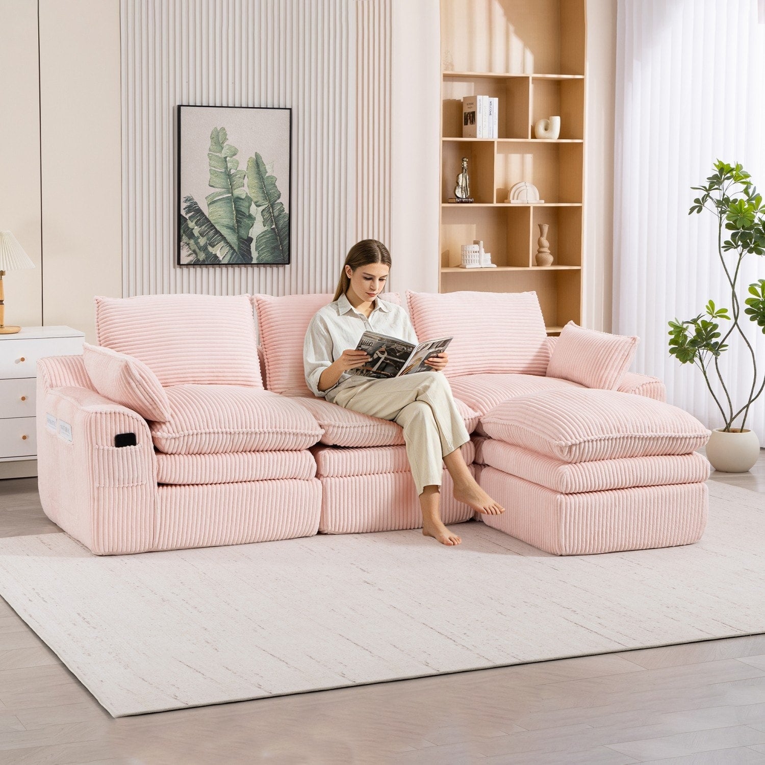 103" L-Shaped Corduroy Boneless Sectional Sofa with Movable Ottoman