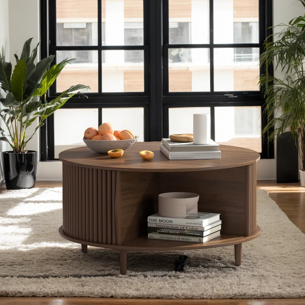 Round Walnut Coffee Table with Sliding Door Storage – Mid-Century Modern