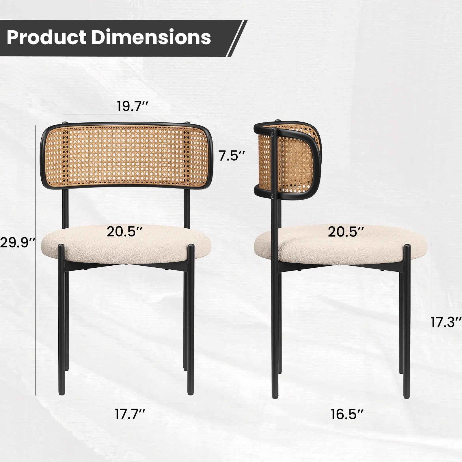 Upholstered Dining Chair Set of 4, Rattan Backrest Kitchen Chair, Light Brown