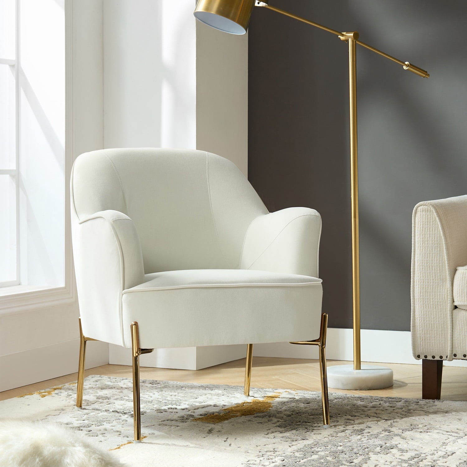 Mid-Century Modern Velvet Upholstered Accent Chair Metal Legs Curved Backrest Lounge Home Armchair Bedroom Ivory