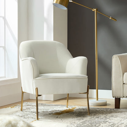 Mid-Century Modern Velvet Upholstered Accent Chair Metal Legs Curved Backrest Lounge Home Armchair Bedroom Ivory