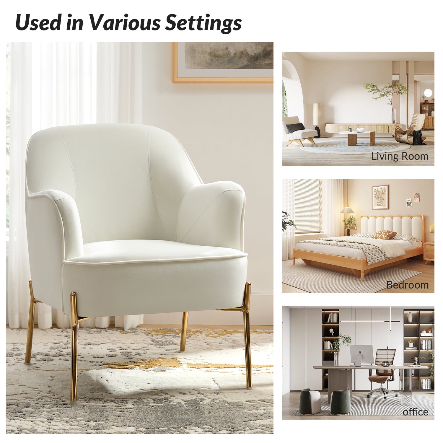 Mid-Century Modern Velvet Upholstered Accent Chair Metal Legs Curved Backrest Lounge Home Armchair Bedroom Ivory