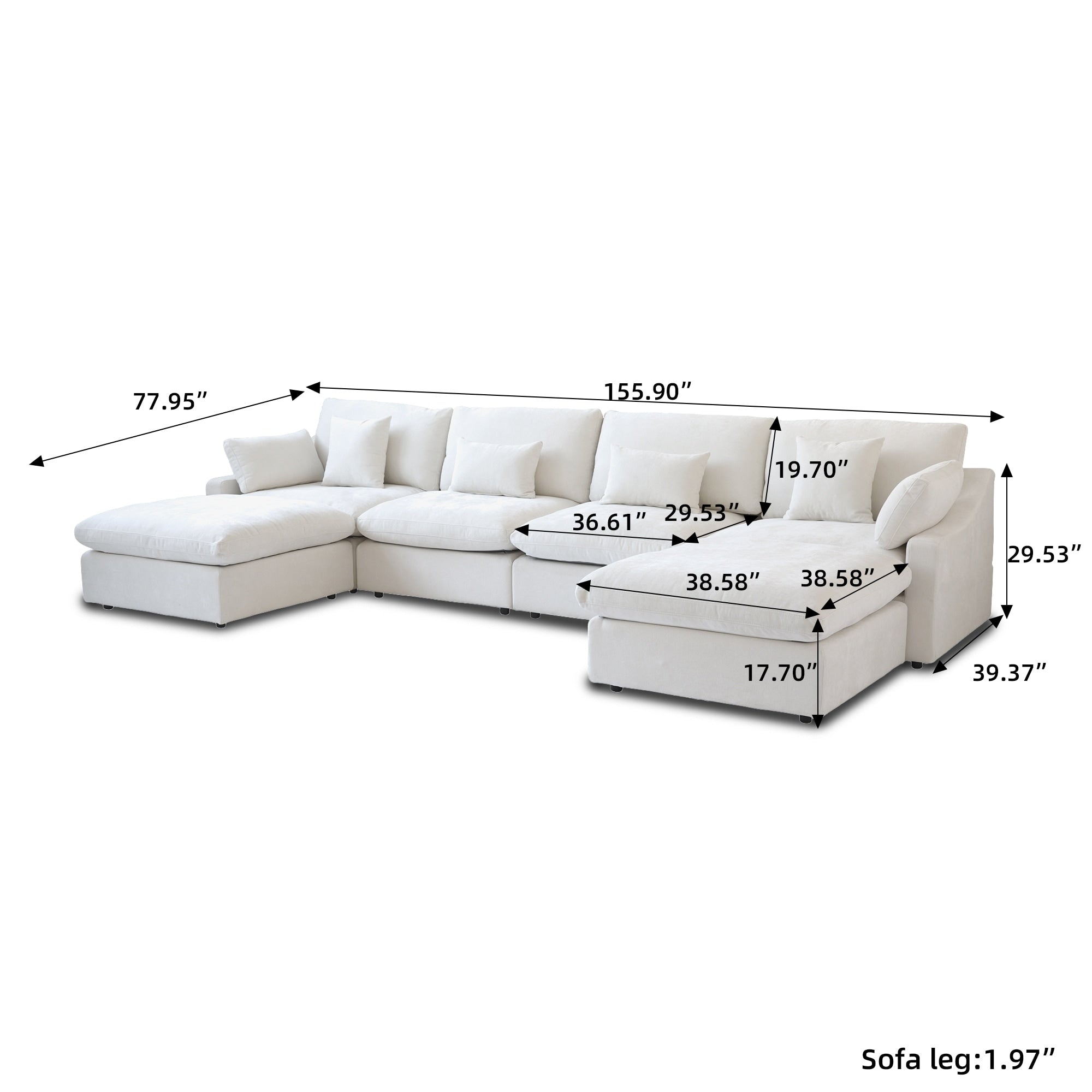 Oversized Linen Sectional Sofa down Filled U-Shaped Couch for Living Room Set
