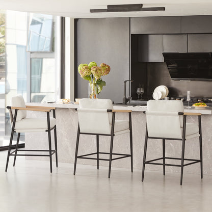 Modern Upholstered Bar Stools with Metal Frame and Wooden Armrests, Fabric in Beige