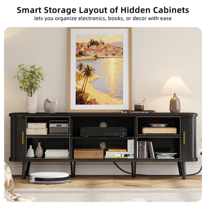 59" Modern TV Stand with Power Outlet & Sliding Doors – Black