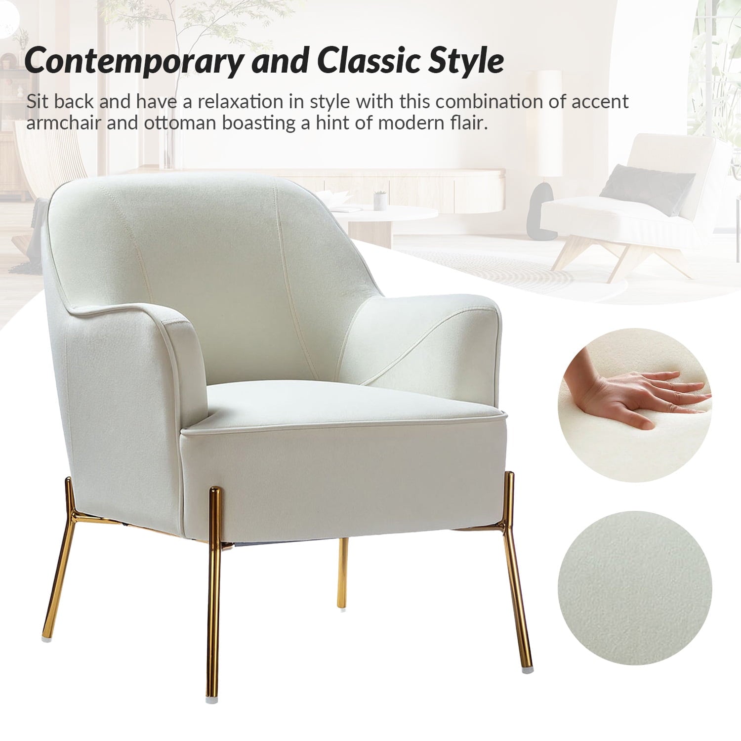 Mid-Century Modern Velvet Upholstered Accent Chair Metal Legs Curved Backrest Lounge Home Armchair Bedroom Ivory