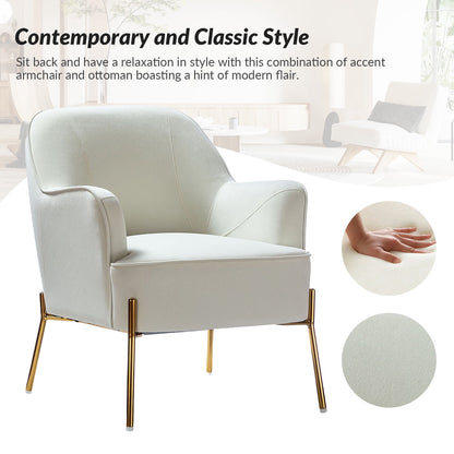 Mid-Century Modern Velvet Upholstered Accent Chair Metal Legs Curved Backrest Lounge Home Armchair Bedroom Ivory