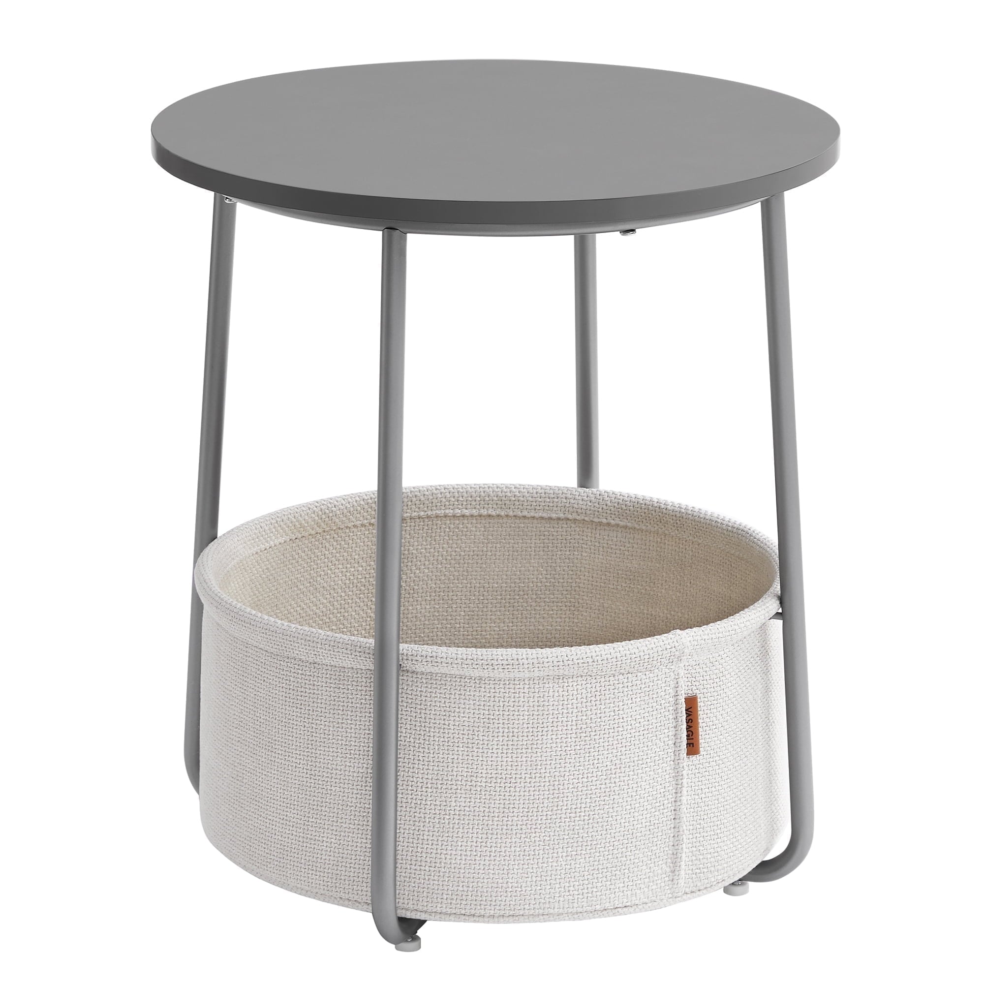 Round Side Table with Fabric Storage Basket - Modern Nightstand & End Table (Dove Gray/White)
