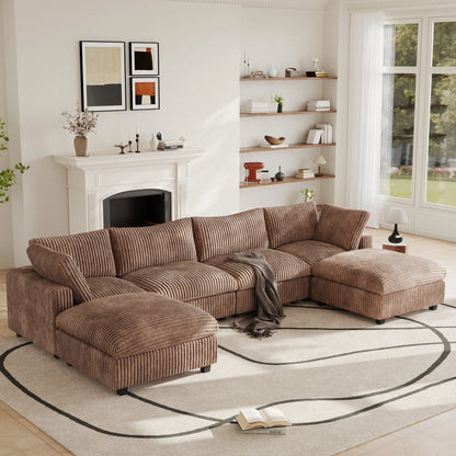4-Seat Brown Plush Cloud Sofa | Deep Seat Modular U-Shape