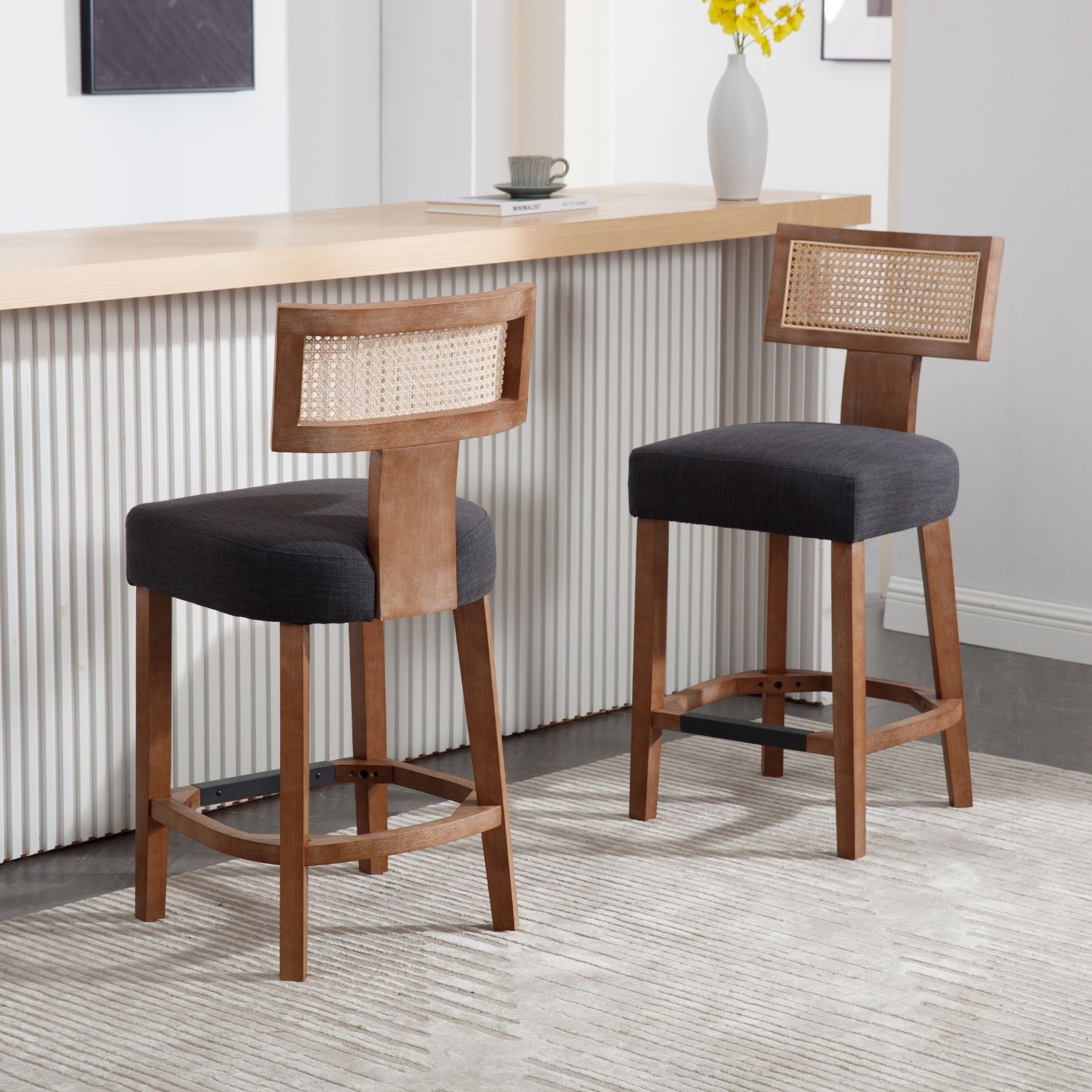 Set of 2 Charcoal Rattan Bar Stools – 26" Modern Farmhouse
