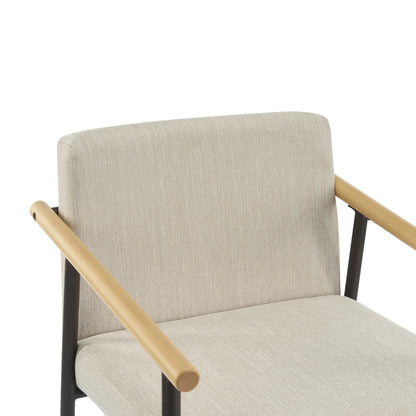 Beige Cushion, Counter Height Stools, Metal Frame, Wood Armrests, Set of 2