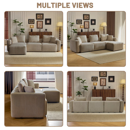 L-Shaped Sectional Sofa 112" W 3-Seater Corduroy Boneless Couch with Movable Ottoman Chaise