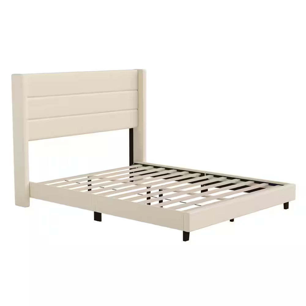 Beige Wood Frame Queen Platform Bed