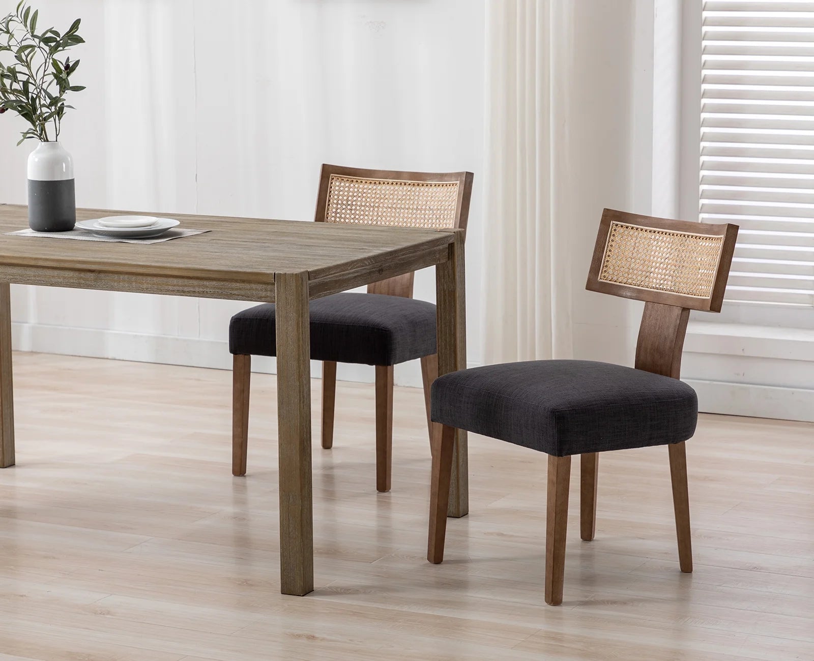 Modern Rattan Backrest Dining Chairs Set of 2, Mid-Century Farmhouse Linen Upholstered Kitchen Chairs Solid Wood Side Chairs for Kitchen Dining Room Living Room, Charcoal