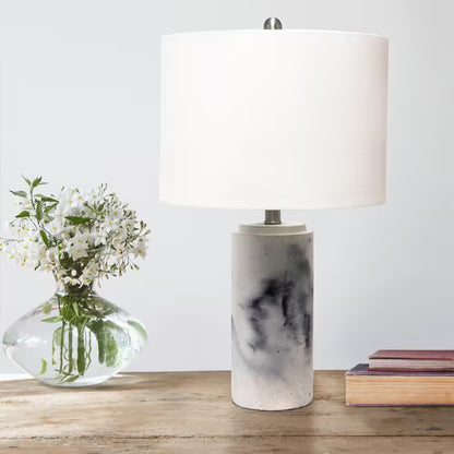 White Marbleized Table Lamp with White Fabric Shade 24.50 In. 