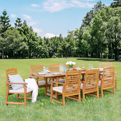 7-Piece Acacia Wood Outdoor Patio Dining Set with 6 Wooden Chairs with Cushions & 1 Expandable Wooden Dining Table for 6-8 Person