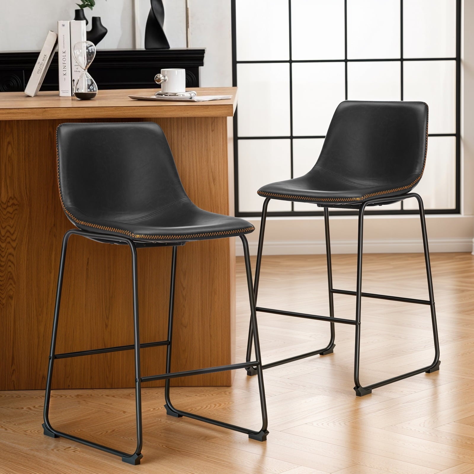 Hommeco 26-Inch Modern Metal Bar Stools, Brown Faux Leather (Set of 2)