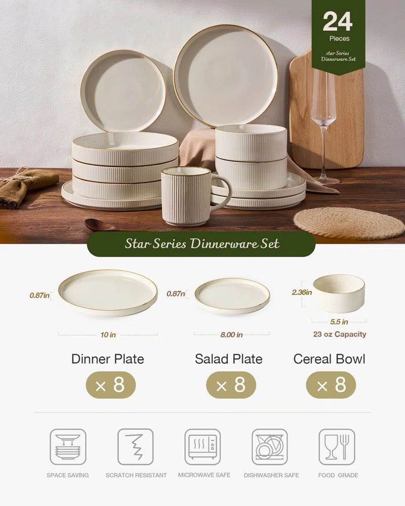 Azal Stoneware Dinnerware Sets, 24 Piece Dish Set