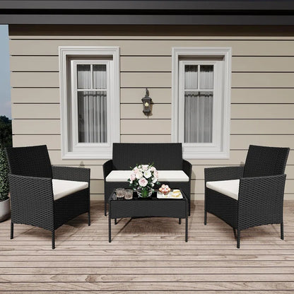 4 Pieces Patio Furniture Set, Rattan Outdoor Furniture with Upholstered Sofa, 2 Chairs and Coffee Table, Conversation Bistro Set for Garden, Backyard, Porch