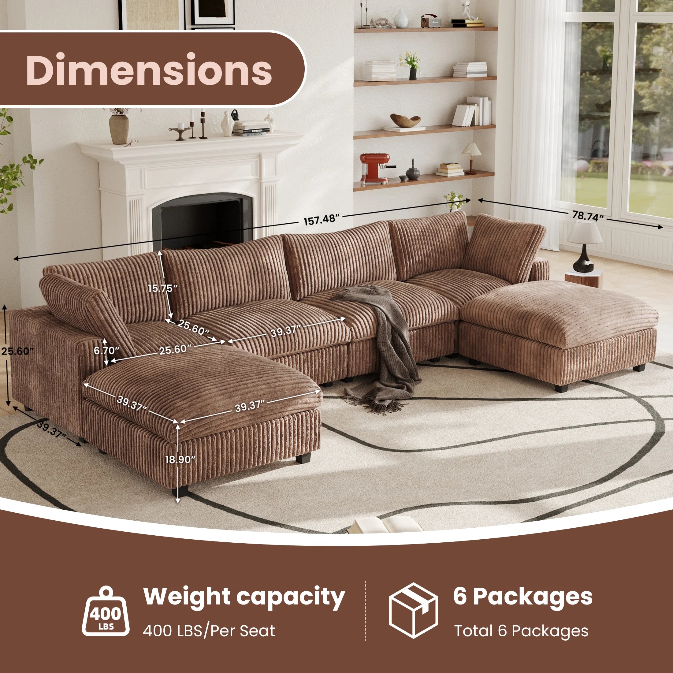 4-Seat Brown Plush Cloud Sofa | Deep Seat Modular U-Shape