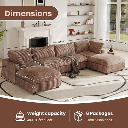 4-Seat Brown Plush Cloud Sofa | Deep Seat Modular U-Shape