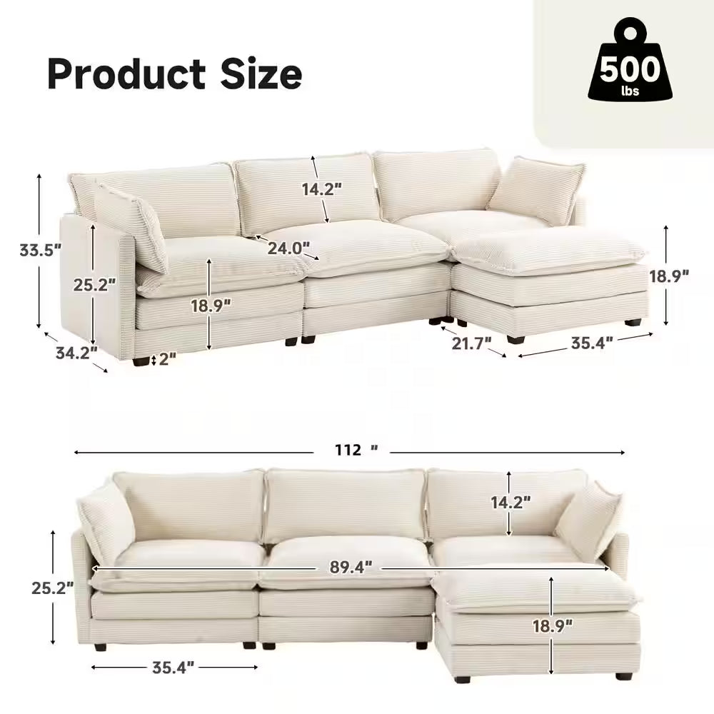 112 In. W 4-Piece Modern Straight Arm Corduroy Fabric L-Shaped Sectional Sofa with Ottoman in Beige