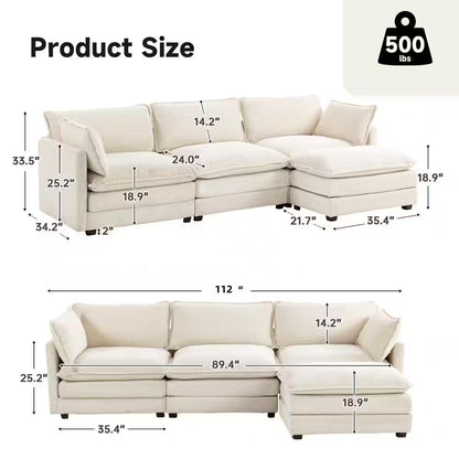 112 In. W 4-Piece Modern Straight Arm Corduroy Fabric L-Shaped Sectional Sofa with Ottoman in Beige